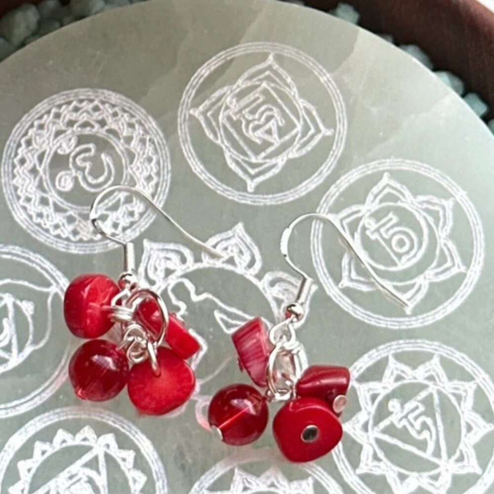Coral and untreated ruby cluster chandelier vintage style earrings